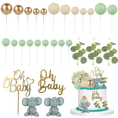 28 Pcs Tortendeko Babyparty, 2 Stück 3D Elefante Baby Tortendeko mit 21 Stück Torten Kugeln, Kreativität Oh Baby Cake Topper für Junge, Tortendeko Babyparty für Baby Shower