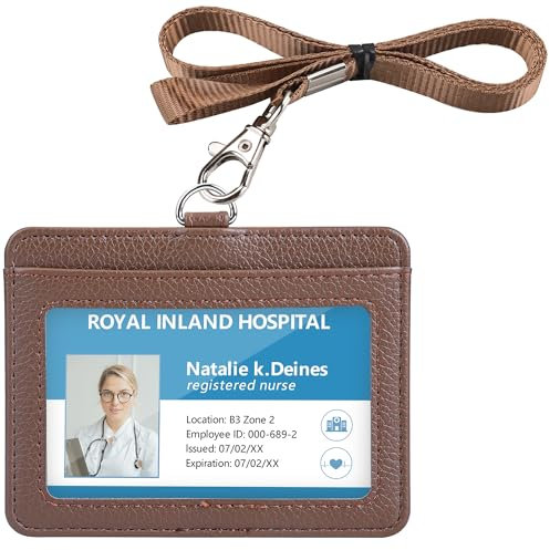 Teskyer Porte Badge, Porte Badge tour de Cou, 2 Emplacements pour Cartes, 1 Fenêtre Transparente, Porte Carte cou, Horizontal, Cuir PU, Brun
