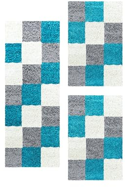 Carpetsale24 Bettumrandung Schlafzimmer 3 teilig Shaggy Hochflor Teppich Blau Bettvorleger Schlafzimmer Bettset: 2 St. 80x150 cm | 1 St. 80x250 cm - Teppich Läufer Set Kariert Design