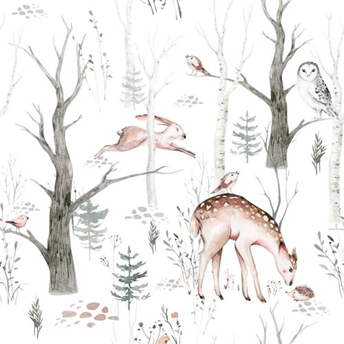 Carta da parati con animali, 44,5 x 300 cm, per carta da parati rimovibile con gufo, cervo sika, uccello, coniglio, impermeabile, in vinile, per casa, camera da letto, armadi e cucina