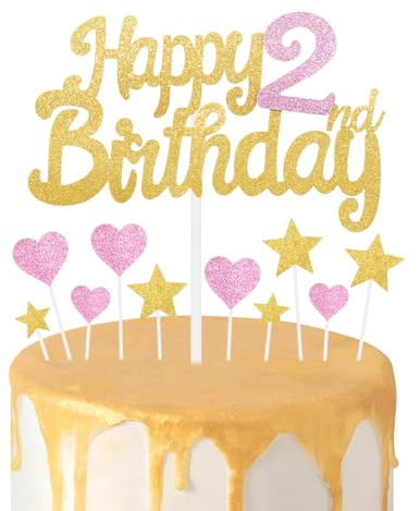 Gold Pink 2nd Birthday Cake Topper, Girls 2nd Birthday Decorations, Glitter Heart Stars Cake Toppers, Personalised Happy Birthday Cake Cupcake Toppers for Women Girls Baby Birthday Party Supplies