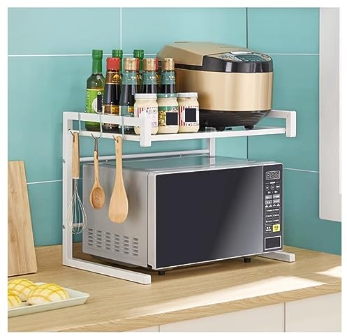RVWLWMV Soporte para microondas, Estante para microondas Extensible, Soporte Ajustable para microondas con 3 Ganchos, Estante para microondas para encimera de Cocina, Soporte para Impresora