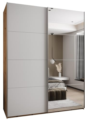 MEBLE KRYSPOL LUX 3 Eleganter 2-türiger Schwebetürenschrank mit Spiegel an der Tür - Leise schließend - HETTICH TopLine L System - 245,5x190x64cm - Artisan, Weiß, Silber