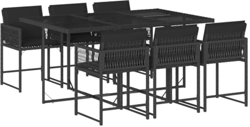 vidaXL Garten Essgruppe 7-TLG., Gartenmöbel Set Tisch mit 6 Stühle, Gartengarnitur mit Kissen, Sitzgruppe Essgarnitur Terrasse, Schwarz Poly Rattan
