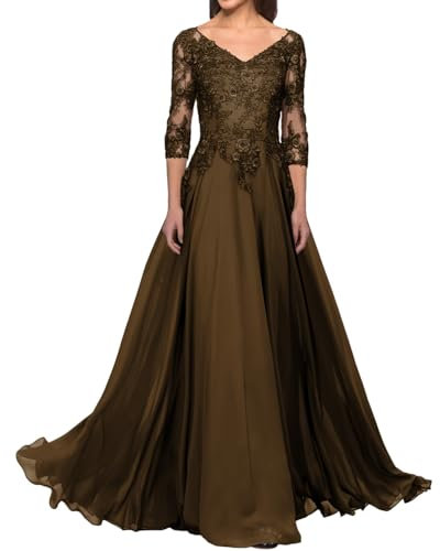 JAEDEN Brautmutterkleider mit Ärmel Spitze Abendkleider Elegant für Hochzeit V-Ausschnitt Hochzeitsgast Kleider Braun 48
