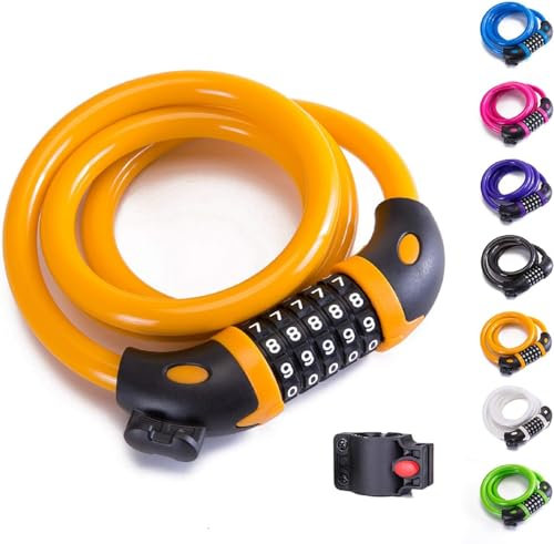 ProBytes 5 Digit Combination Resettable Bicycle Lock - 12mm x 120cm Steel Wire Chain, Cycle Chain, Fence, Gates, Door, Rails, Shed, Mounting Bracket, Sport Gear, Anti-Theft Bike Accessory - Yellow