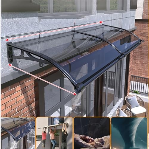 Türdach Eingangstür Schwarzer Aluminiumbügel Überdachung Pultbogenvordach Pavillion Selbstreinigend bei Regen UV-Beständiger Regenschutz Beständiger Markise Polycarbonat Grau (80 x 260cm)