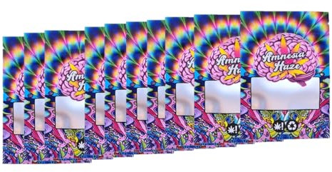 Cali Packs, Grow, Zip lock Baggys, PET Folie, 10 Stück, diverse Sorten, 3.5g, bedruckt, mit Hanf-Motiv, Tiere, Totenkopf, Cookies, geruchsdicht, Geschenk für Raucher, Kiffer & Grower (Amnesia)