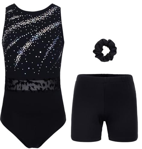 JOYSTREAM Turnanzug für Mädchen, Damen, Kinder mit Shorts, Sportbekleidung | Dehnbarer, atmungsaktiver Stoff, glitzernde Pailletten, passende Shorts und Haargummi für Training/Wettkampf/Tanz