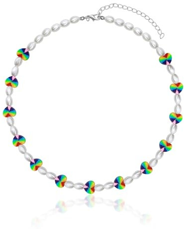 Yifnny Bunte Perlenkette, Y2k Sommer Schmuck Boho Imitation Perlenkette Bunte ketten Damen Hippie Kette Strandperlen Halskette Weiße Kurze Perlen Halskette Für Frauen (Herz)