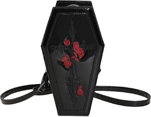Coffin Bag Halloween Geldbeutel für Frauen PU Leder Gothic Halloween Coffin -Geldbörse Cross & Red Rose Muster Cosplay Coffin Goth Crossbody Tasche mit verstellbarem Schultergurt