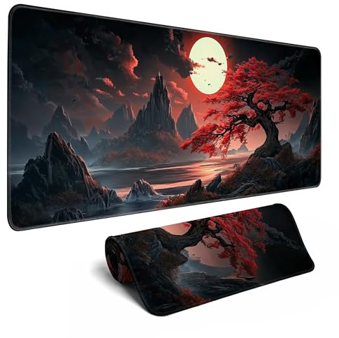 Japanese Desk Mat Riverside Full Moon Large Mouse Pad Gaming Mousepad Extended XL Keyboard Mat Computer Laptop Mouse Desktop Mat 31.5 X 11.8 Desk Decor