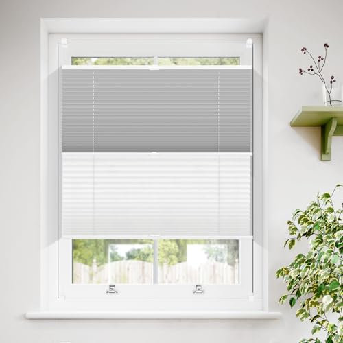 Sanfree Day Night Plissee ohne Bohren Verdunkelung Klemmfix Plissees Weiß-Grau 85x130cm(BxH) Verdunklungsplissee Thermo Plissee Klemmrollos 100% Verdunkelnd Rollos für Fenster & Tür