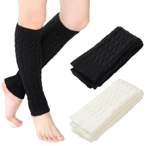 Reh:ncla 2 Paar Damen Beinstulpen aus Wollstrick – Winter Beinwärmer, Strick Stulpen für Ballett, Yoga, Alle Jahreszeiten Zuhause und Outdoor-Aktivitäten (Schwarz, Weiß, 42cm)