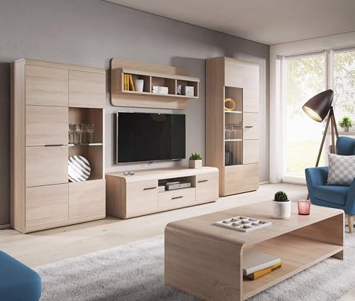 KEF-MEBLE Wohnwand Livia – Hohe Vitrine, Niedrige Vitrine, Hängeregal, TV-Tisch + LED – Wohnzimmermöbel, Schlafzimmermöbel, modernes Design