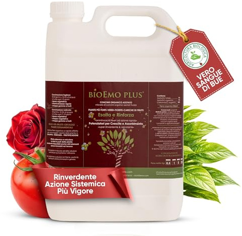 BIOEMOPLUS® Vero Sangue di Bue Concime Liquido Biologico 5 Kg | Rinverdente per Piante con Azoto e Ferro | Stimola Crescita e Vigore | Concime Organico Universale per Piante Verdi, da Frutto e Orto