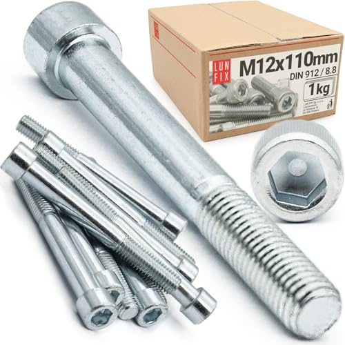 LUN FIX Zylinderkopfschrauben M12 x 110 mm 1kg ca. 9 Stk DIN 912 ISO 4762 | 8.8, Teilgewinde, Innensechskant, verzinkt Maschinenschrauben für Metallbau Maschinenbau Industrie Konstruktion
