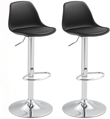 HOMCOM Barhocker 2er Set, Gepolstert Barstuhl mit Stahlgestell, Lehne, aus Kunstleder, Höhenverstellbar Küchenstühle mit Fußstütze 360° Drehbar Tresenhocker für Küche, Wohnzimmer, Esszimmer Schwarz