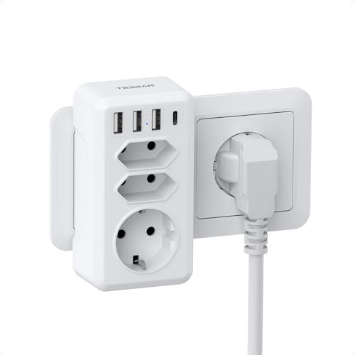 TESSAN Doppelstecker für Steckdose, Steckdosenadapter 3Fach mit USB C, Mehrfachstecker für Steckdose 4000W, Mehrfachsteckdose mit 4 USB, Doppelsteckdose für Phone, Steckdosenverteiler für Büro, Weiß