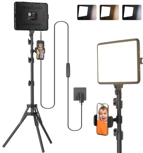 Video Licht Set, 1-Pack 25x20 cm 15 W LED Studio Fotolicht, Dimmbares 2800–6500K Kamera Licht für Video/Streamen von Selfies/Porträts im Innenbereich, Licht mit 160cm Stativ/TypC Adapter (1-Pack)