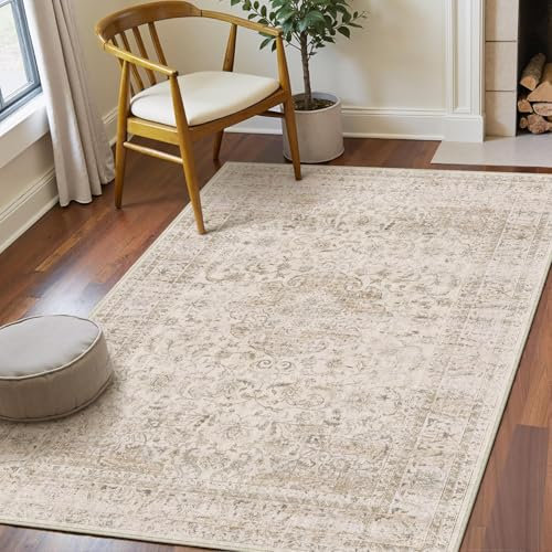 Waschbarer Beige Vintage Teppich Wohnzimmer 120x170cm Retro Rugs for Living Room Weich rutschfest Groß Tepich Kurzflor Schlafzimmer Carpet Living Room Bedroom Esszimmer Teppiche Büro