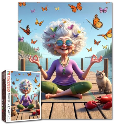 Jigsaw Puzzle, 1000 Pieces, Butterfly Meditation Scene with Cat Ältere Frauen DIY Puzzles für herausfordernde Familienaktivitätsspiele Ältere Dame Kunst Home Wall Decor Craft Gifts
