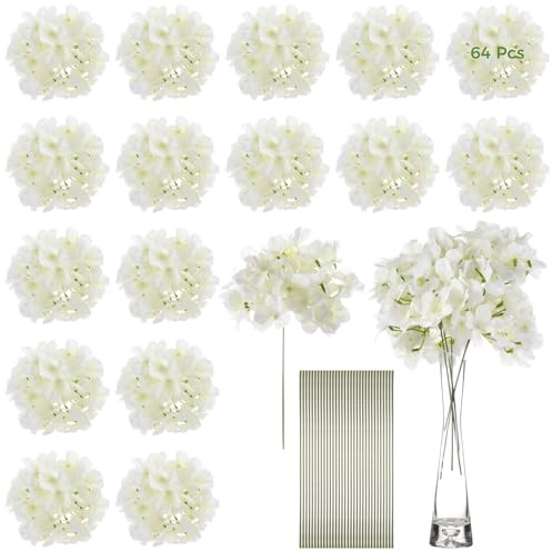YOFAPA 64 PCS Artificial Hydrangea Flowers, Silk Hydrangea for Wedding Centerpiece, Faux White Silk Flowers with Stems for Bouquets, Aisle Arrangements, Event Decor