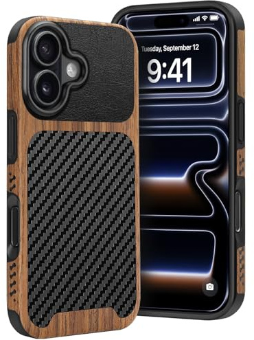 Dolstrap Robust Handyhülle Kompatibel mit iPhone 17 Hülle, (Naturholz & Leder & Kohlefaser-Hybrid) Dünnes iPhone Hülle, Schwarz