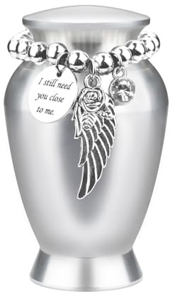Silver Aluminum Alloy Small Urn for Human & Pet Ashes Keepsake, 2.75×1.77in Portable, Good Sealing, Elegant & Decorative Keepsake Urn with Beads, Angel Wing & Warm Nameplate, Memorial Funeral Supplies