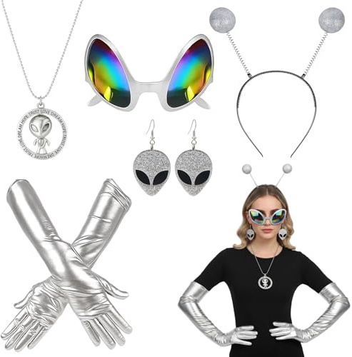 ZYLOUY 5 Stück Alien Kostüm Damen, Space Girl Kostüm Accessoires | Handschuhen Haarreif Halskette Ohrringen Sonnenbrille für Karneval und Cosplay, Silberne Alien Verkleidung für Erwachsene