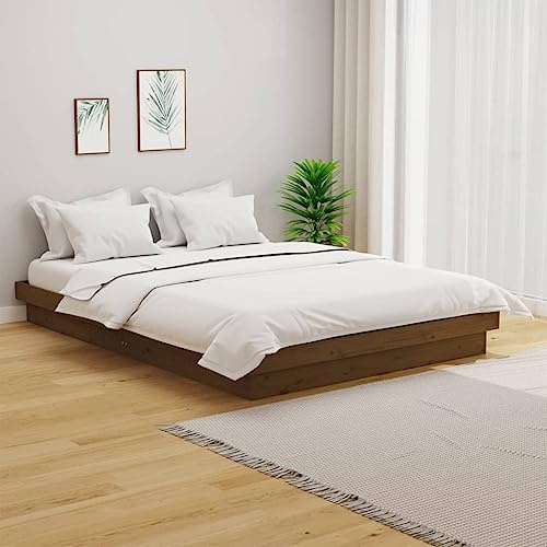 Bucmath Massivholzbett Honigbraun 135x190 cm, Kiefernholz Bettrahmen für Schlafzimmer, Rustikales Doppelbett mit Lattenrost, 4FT6 Doppelbett