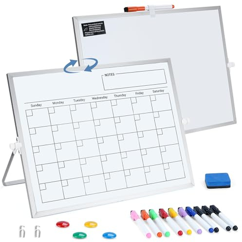 Doppelseitiges Whiteboard Magnetisch mit Ständer, 40x30cm Monatsplaner Abwischbar Kalender Tafel, 360° Drehbar Schreibtisch Whiteboard für Büro Home Office Planung Unterricht Kinder