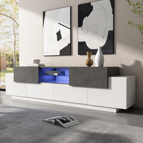BTM Meuble TV 180 cm, LED Plateaux Verre, Banc TV Meuble Tele Salon Chambre, Console 80-55 Pouces, Blanc Gris