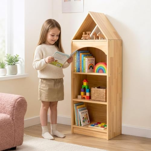 OOOK Rubber Wood Kids Shelf, 4-Tier Corner Cabinet for Toy Storage | 15mm Rubberwood, Rounded Edges, Kid Reachable Height, Suitable for Kids Room, Playroom, Nursery, Classroom etc.