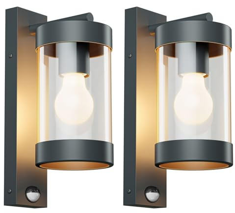 ledscom.de 2x Außenwandleuchte LAIFA anthrazit matt, PIR Bewegungsmelder + Dämmerungssensor, Glas/Edelstahl, inkl. E27 Lampe, Energieeffizienzklasse A, gefrostet (warmweiß, 4W, 935lm)