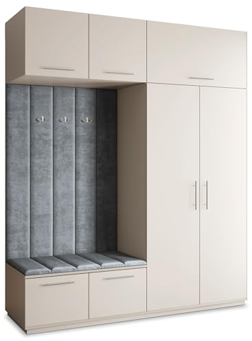 Masseno Flugarderoben Set Rema, Kleiderschrank-Set mit Sitzbank, Garderobenschrank Flur mit 5 Regalböden, Kaschmir