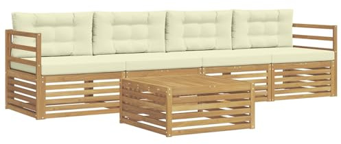 vidaXL Outdoor-Sofagarnitur 5 pcs Weiß und Creme Massivholz Akazie, Gartenmöbel, Moderne Sitzgruppe, L-förmiges Sofa für Terrasse, relaxen im Lounge-Stil