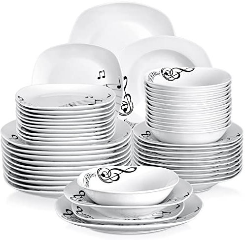 VEWEET Geschirrset für 6 Personen, modernes Tafelservice aus Porzellan, 24-teilig – mit Esstellern, Desserttellern, Suppentellern und Salatschalen, weiß mit schwarzen Noten-Aufdrucken, Serie MELODY