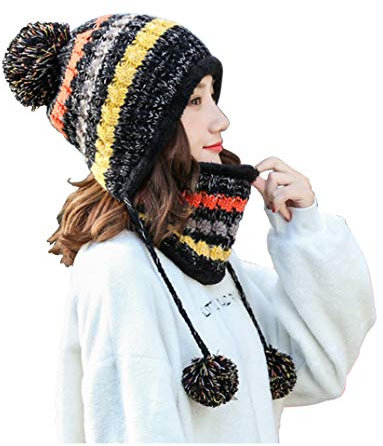 MAKFORT Bommelmütze Damen Winter Mütze Loop Schal Frauen Warm Stricken Beanie Mütze Mit Pompon Winter Warm Loop Damen (Vier Farben)