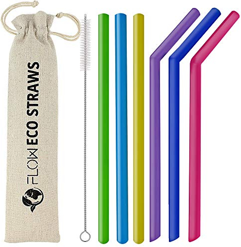 FLOW Barware Silicone Straws | 6 Silicone Straws Reusable with Storage Bag & Cleaning Brush | Large Straw Set for Smoothies, Children's Milkshakes | Multi-Coloured Rainbow Flexible Straw Set