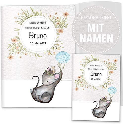 OLGS U-Heft Hüllen 3-teilig Set | Baby Tiere | Hochwertige Hüllen für Kinder Untersuchungsheft & Impfpass | Geschenkidee personalisierbar mit Namen, Geburtsdatum (Uhefthülle Set personalisiert, Maus)