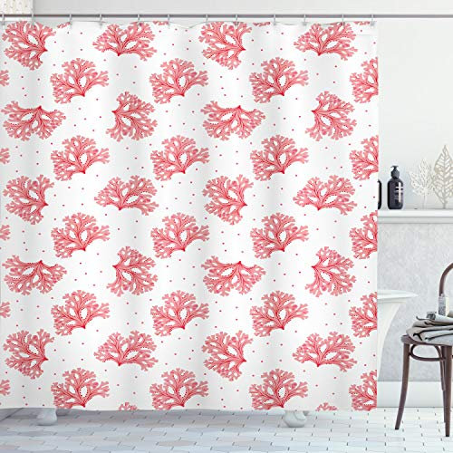 ABAKUHAUS Koralle Duschvorhang, Unterwasser Seaweeds Dots, Stoffliches Gewebe Badezimmerdekorationsset mit Haken, 175 x 180 cm, Weiß Korallenrot Rot