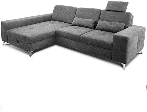 CAVADORE Ecksofa Bali / Trendige Sofaecke mit Longchair links, Kopfstütze & Nierenkissen / Inkl. Sitztiefenverstellung, Bett & Bettkasten / 286 x 92 x 176 / Flachgewebe: Grau