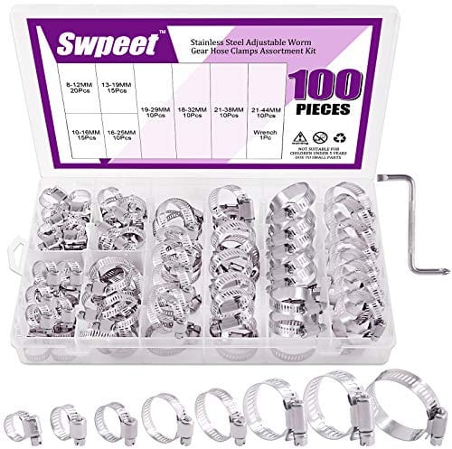 Swpeet 100Pcs 100 Pièces 8 Tailles 6-38mm Collier de Serrage Réglables, Colliers de serrage en acier inoxydable, Tuyau Clips, Tuyau Clips Réglable,pour tuyau d'eau, plomberie, automobile et mécanique