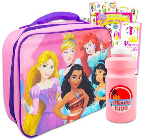 Disney Princess Lunch Bag Set For Girls, Kids - Bundle with Princess School Lunch Box With Pink Water Bottle, Princess Stickers And More (Disney Princess School Supplies)