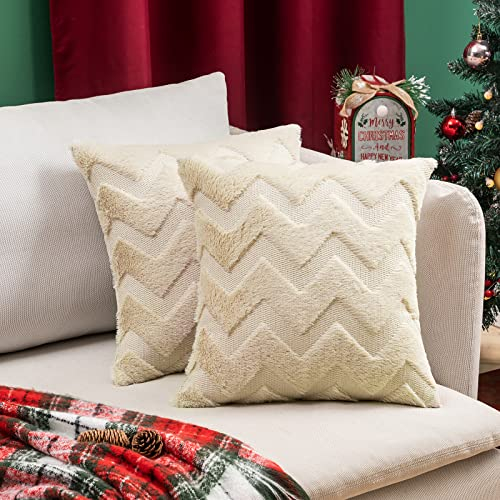 MIULEE 2er Set Wolle Kissenbezüge Dekokissen Sofakissen Weich Couchkissen Kissenbezug Zierkissenbezug Polyester mit Verstecktem Reißverschluss für Wohnzimmer Schlafzimmer Beige 60x60 cm