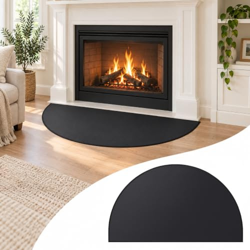 FLASLD Feuerfeste Kaminmatte, 61 x 107 cm, halbrund, schützt Böden vor Funken, Glut, Schwarz