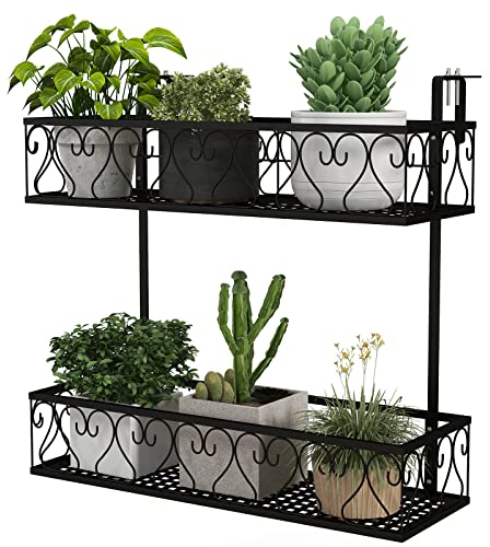 COSTWAY 2 Tiers Hanging Flower Rack, Metal Balcony Railing Planter with Adjustable Hooks, Over The Rail Flower Baskets Pot Holder Plant Stand for Patio Porch Fence