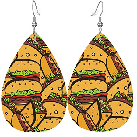 Burger Tacos Hot Dog PU-Leder-Ohrringe, Ohrringe, Ohrringe, Tropfenform, baumelnd, Ohrringe für Frauen, Mädchen, Braut, Hochzeit, Einheitsgröße, Polyurethan