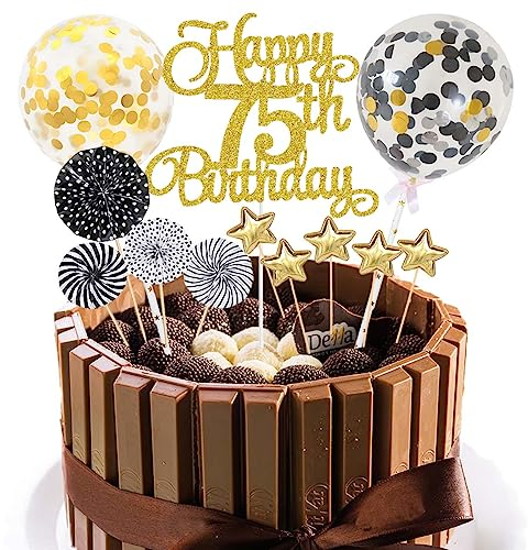 Jxuzh Cake Topper 75 - Decoración para Tarta de Cumpleaños (75 Años), Color Negro